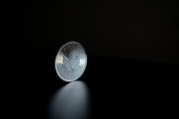 Silber Münze 1 Unze Maple Leaf 2020 reflektiert auf schwarzem Untergrund - obrazy, fototapety, plakaty
