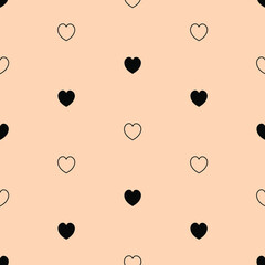 Black hearts on beige background. Polka dot. Vector seamless pattern.