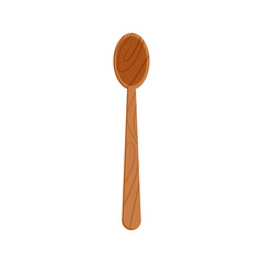 Wooden spoon with long handle icon isolated on white background. Cooking ladle for stir top view illustration. Flat design cartoon style kitchenware vector illustration.