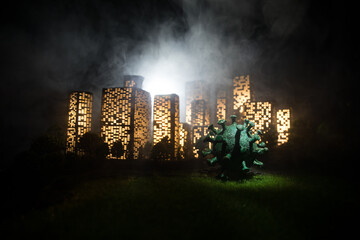 Cartoon style city buildings. Realistic city building miniatures with lights. background.