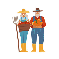 Old farmer with his wife. Elderly couple og gardeners. Senior Grandpa and grandma standing wwith local harvest. Vector flat cartoon illustration.