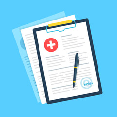 Medical clipboard, pen and signature. Health insurance, report, fill medical form concepts. Flat design. Vector illustration