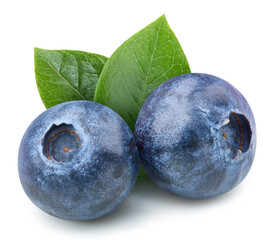 Obraz premium Blueberry with leaves. Organic blueberry isolated on white background. Taste blueberry with leaf. With clipping path