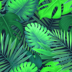 Obraz na płótnie Canvas Vector Green Palm Leaf Seamless Pattern