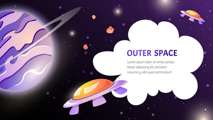 Space banner with planet, ufo spaceship and cloud for text for landing page template background. Vector cartoon illustration in game style