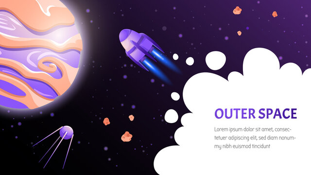Startup idea Landing page template background, rocket banner with cloud, planet, satellite and space for text. Vector cartoon illustration in game style