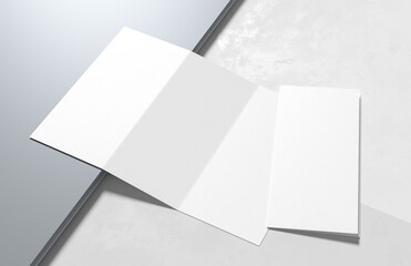 Three fold - trifold brochure mock up isolated on modern white background. 3D illustration