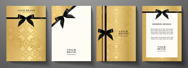 Luxury gold cover, frame design set. Holiday golden floral pattern (curve ornament) background with black ribbon (bow). Elegant vector template for vip invitation, wedding invite card, gift card