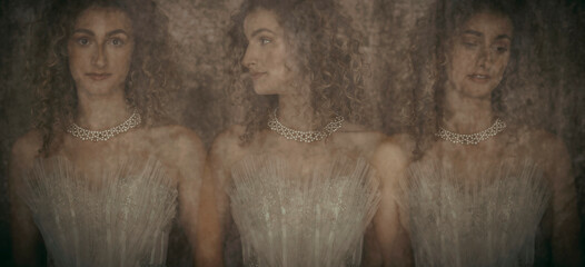 A multiple exposure image of a young woman in a vintage wedding dress