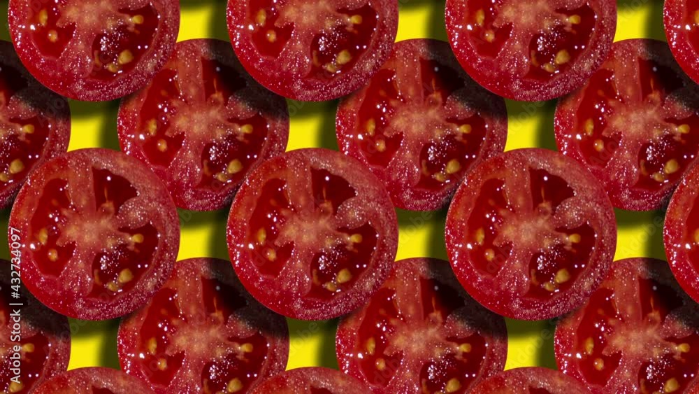 Poster geometric pattern with two layers of tomato slices on a yellow background. simple motion graphic foo