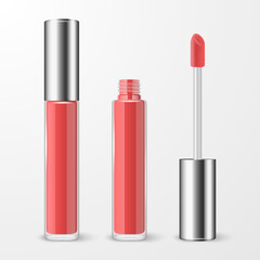 Vector 3d Realistic Closed, Opened Red, Pink Lip Gloss, Lipstick Package, Silver Cap Set Isolated. Glass Container, Tube, Lid, Brush. Plastic Transparent Bottle Design Template, Mockup. Front View