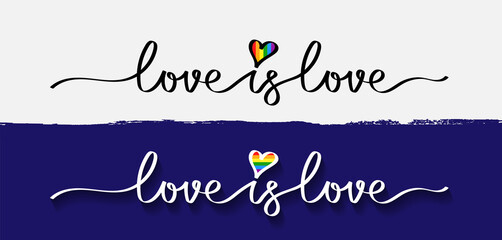 LOVE is LOVE. Lettering lgbtq pride text for poster. Continuous line script cursive illustration love. LGBT, card, banner. Freehand drawing word love with rainbow heart. Vector print for web, t-shirt. - obrazy, fototapety, plakaty