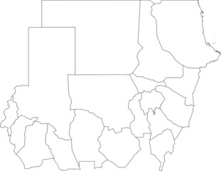 White blank vector map of the Republic of Sudan with black borders of its states