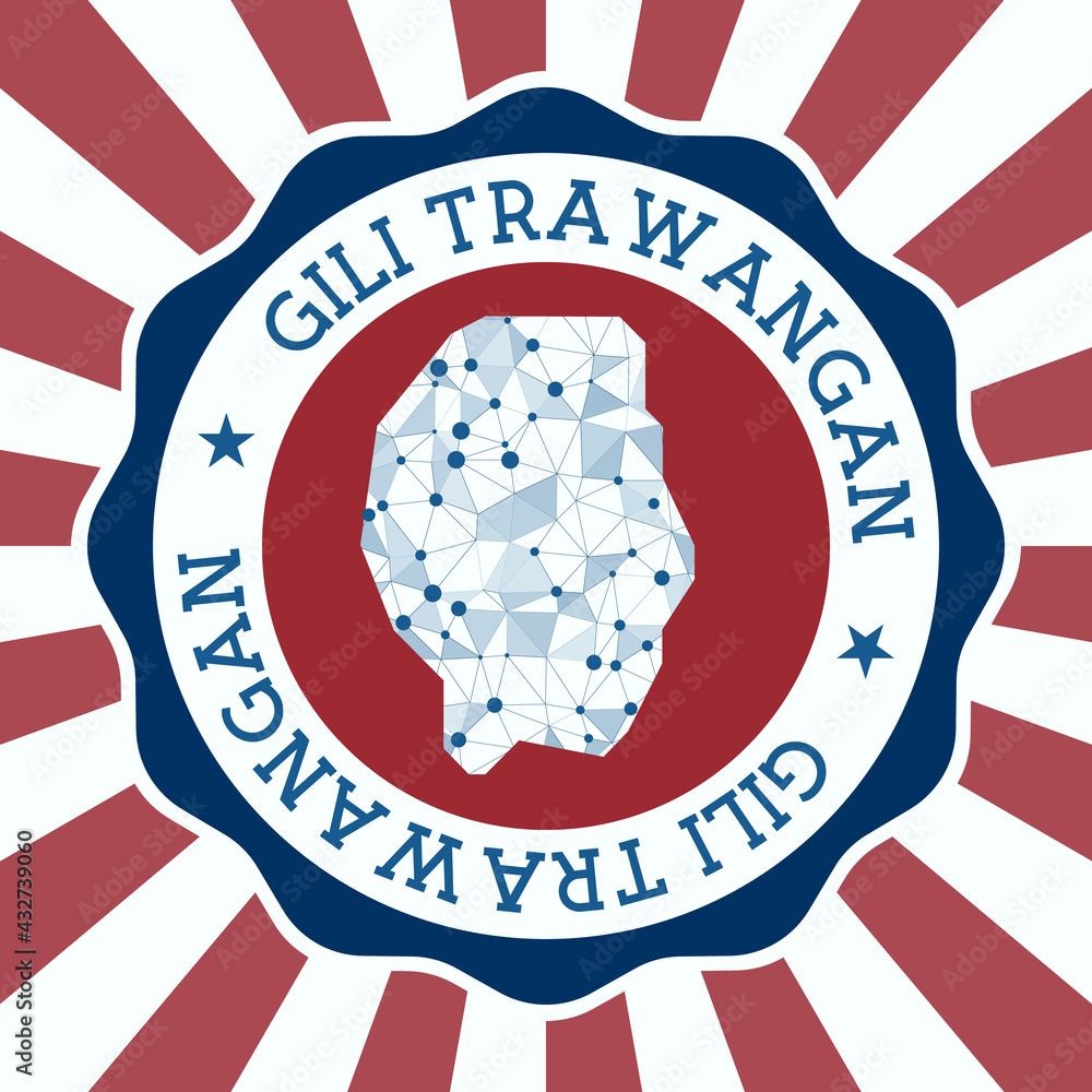 Poster gili trawangan badge. round logo of island with triangular mesh map and radial rays. eps10 vector.