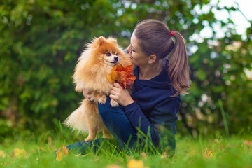 girl or young woman holding Pomeranian spitz and bouquet of fallen leaves in the park in autumn....