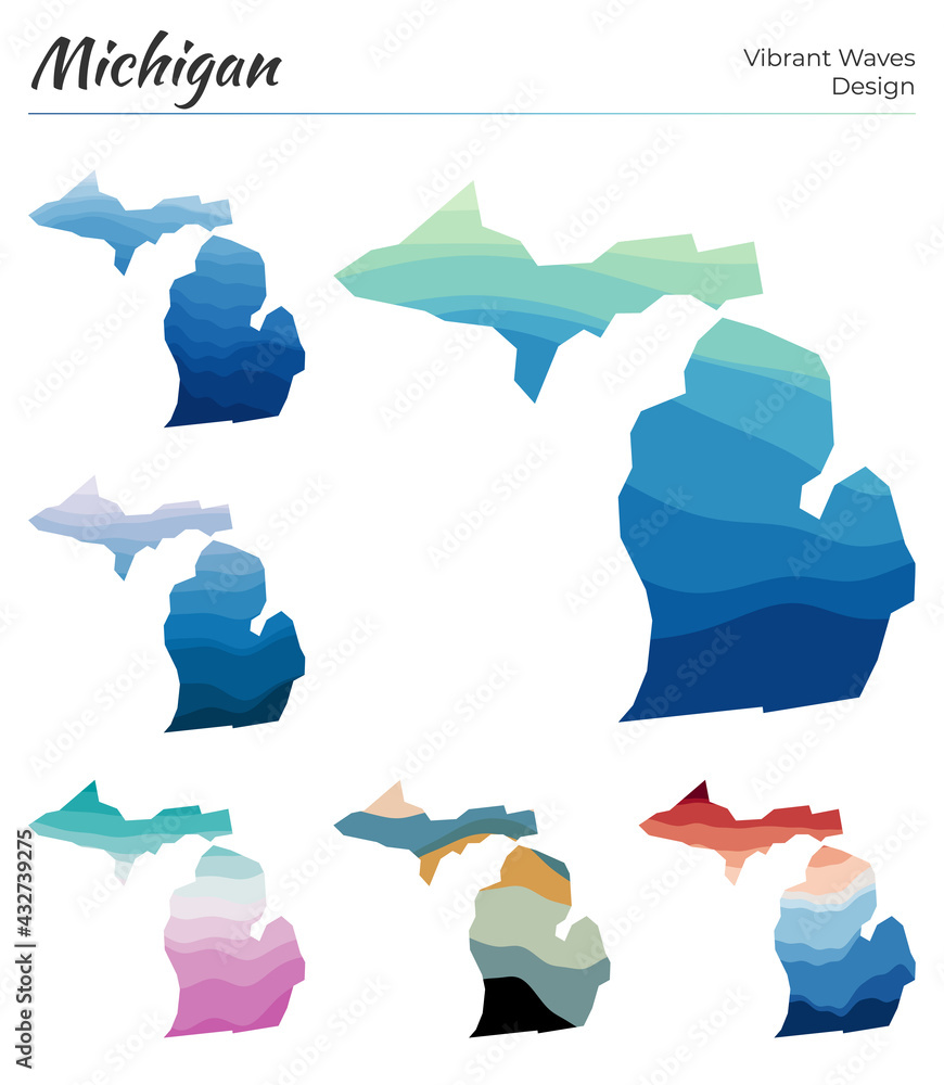 Poster set of vector maps of michigan. vibrant waves design. bright map of us state in geometric smooth cur