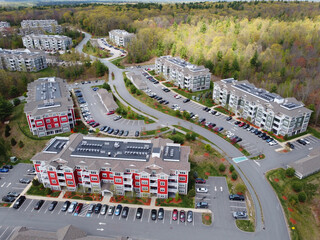 aerial view of apartment buildings in residential district