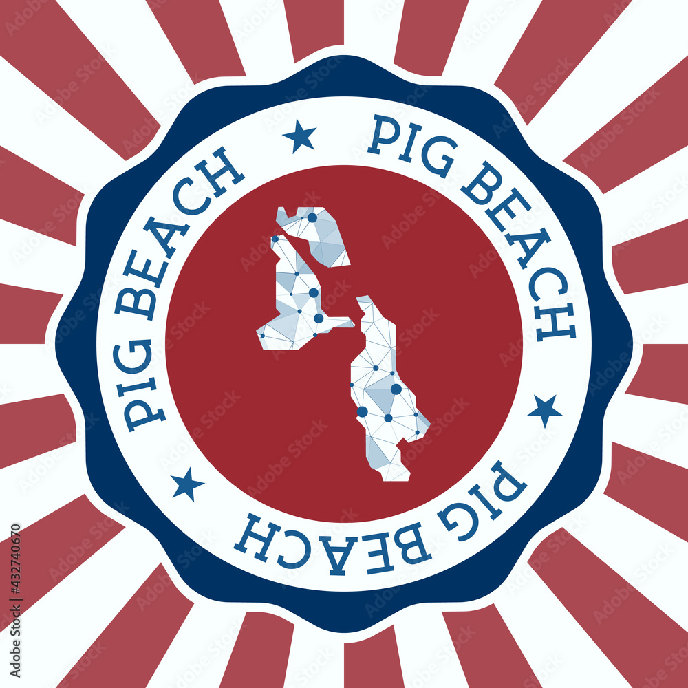 Poster pig beach badge. round logo of an island with a triangular mesh map and radial rays. eps10 vector.