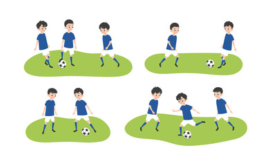 Boys playing soccer game together. Junior football. Vector flat style cartoon illustration.