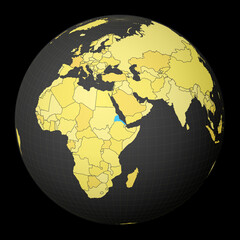 Eritrea on dark globe with yellow world map. Country highlighted with blue color. Satellite world projection centered to Eritrea. Astonishing vector illustration.