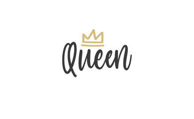 Obraz premium Queen word lettering with gold doodle crown. Vector illustration, calligraphic style text.