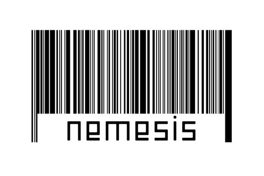 Digitalization concept. Barcode of black horizontal lines with inscription nemesis
