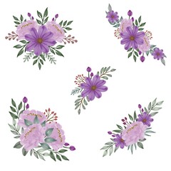  purple flower frame for greeting and wedding invitation. set watercolor floral in purple . vector design
