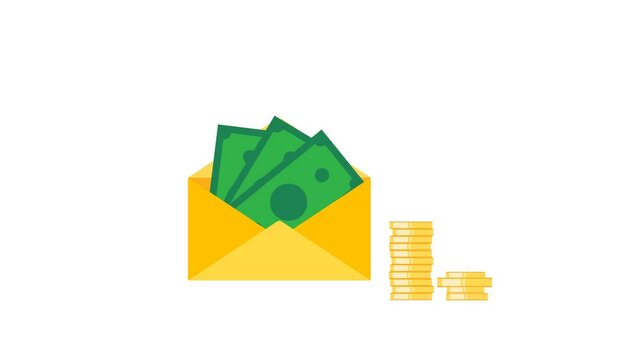 Envelope With Money. Growth Coins Animation. Alpha Channel