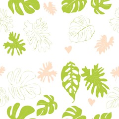 Hand-drawn seamless pattern of light green and pink exotic tropical leaves