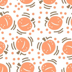 Seamless pattern of sweet ripe peaches. Cartoon style. Flat design. Hand drawn illustration. For decor and design.