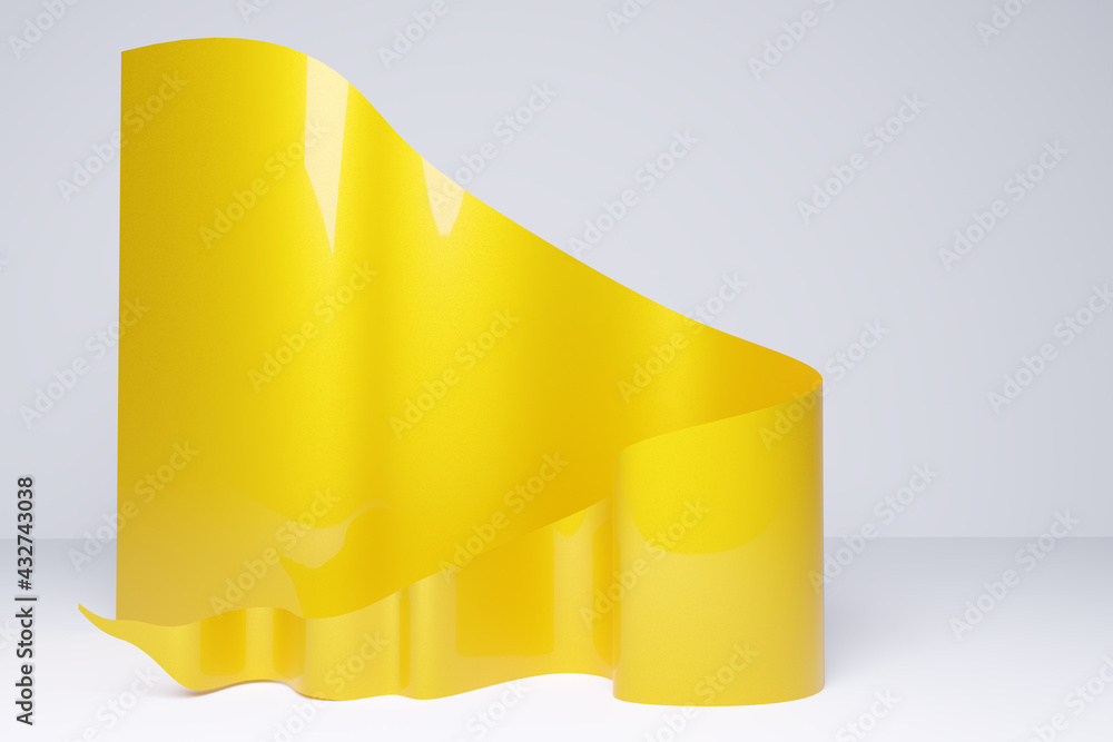 Poster background with yellow flowing design. wavy 3d sketch. yellow 3d element on a gray background. three
