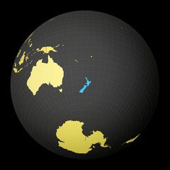 New Zealand on dark globe with yellow world map. Country highlighted with blue color. Satellite world projection centered to New Zealand. Captivating vector illustration.