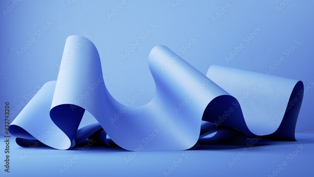 Poster 3d render, abstract background with blue folded ribbon, paper scroll macro