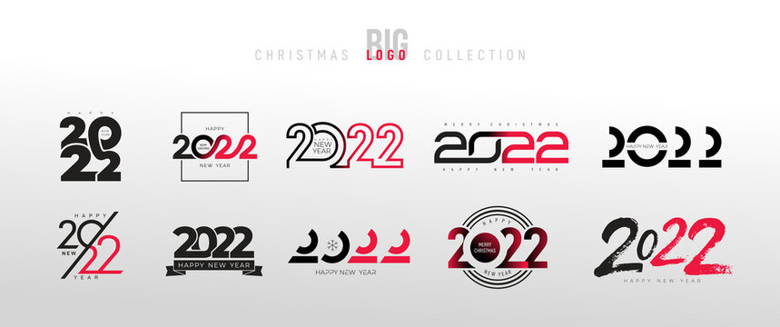 2022 Happy New Year trending logo design set. 2022 Christmas numbers design template. Decoration for new year holidays. Big Collection of 2022 happy New Year symbols. Black vector elements.