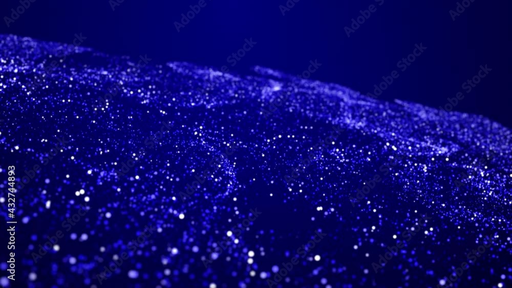 Poster abstract bg with blue magic glitters fly in air in slow motion and form beautiful swirls. sparkles f