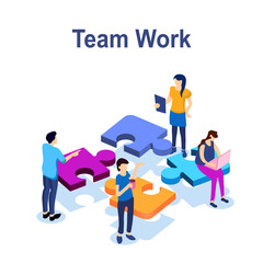 Obraz na płótnie Canvas Teamwork success isometric icon, puzzle business solution, working together, association of people, startup, flat vector illustration EPS