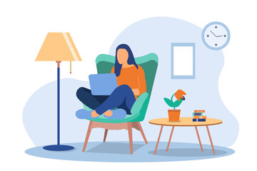 Girls working at home. Young woman sitting on a chair and using laptop. Freelance, self employed, freedom, in living room. EPS