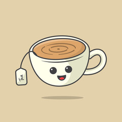 Tea Cup Kawaii Illustration, Cute kawaii illustration, caharacter icon design