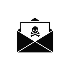 Spam email. An open envelope with a skull and crossbones. The concept of cybercrime, fraud, phishing, malicious software. Solid black vector icon isolated on a white background