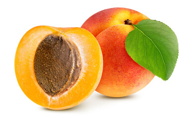 Whole and half apricot on white background. Apricot isolated on white background. Apricot with...