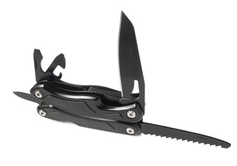 black folding knife multitool with open blade and tools. isolated on white background.