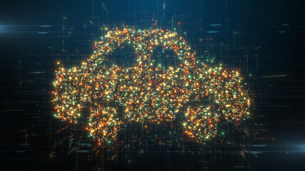 Electric car battery technology powered from green clean renewable energy - 3D illustration rendering