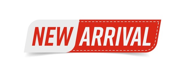 New arrival label, badge or banner design element template. Clothes tag layout with message pointing on new item from renewed collection. Vector illustration isolated on white background