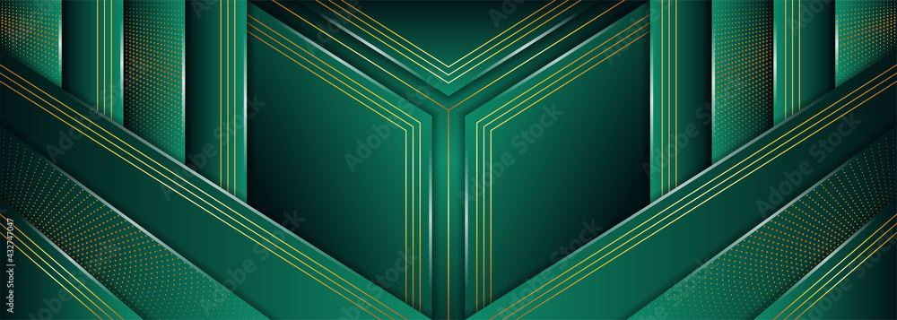 Poster luxury green background combine with glowing golden lines. overlap layer dot halftone textured eleme