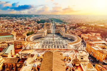 Famous Saint Peter's Square in Vatican and aerial view of the Rome city during sunny day sunset - obrazy, fototapety, plakaty