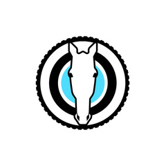 a logo that uses the concept of a horse's head and mechanical engineering power, around which there is a display of car tires, the use of this logo is for car care companies, technicians, covering all