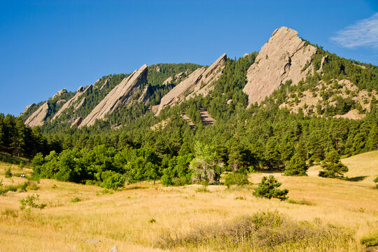 Flatirons and Chataqua Park meadow in Boulder, Colorado in the Summertime