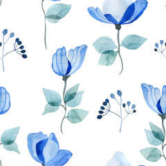 Watercolor blue transparent flowers on a white background seamless pattern