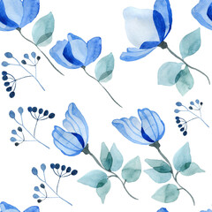 Watercolor blue transparent flowers on a white background seamless pattern