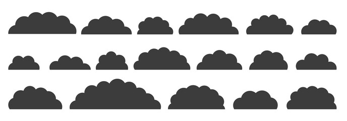 Black flat vector cloud set. Clouds cartoon symbols on white background for web site design, logo, app. Bubble icon collection for infographic design. Label and stickers